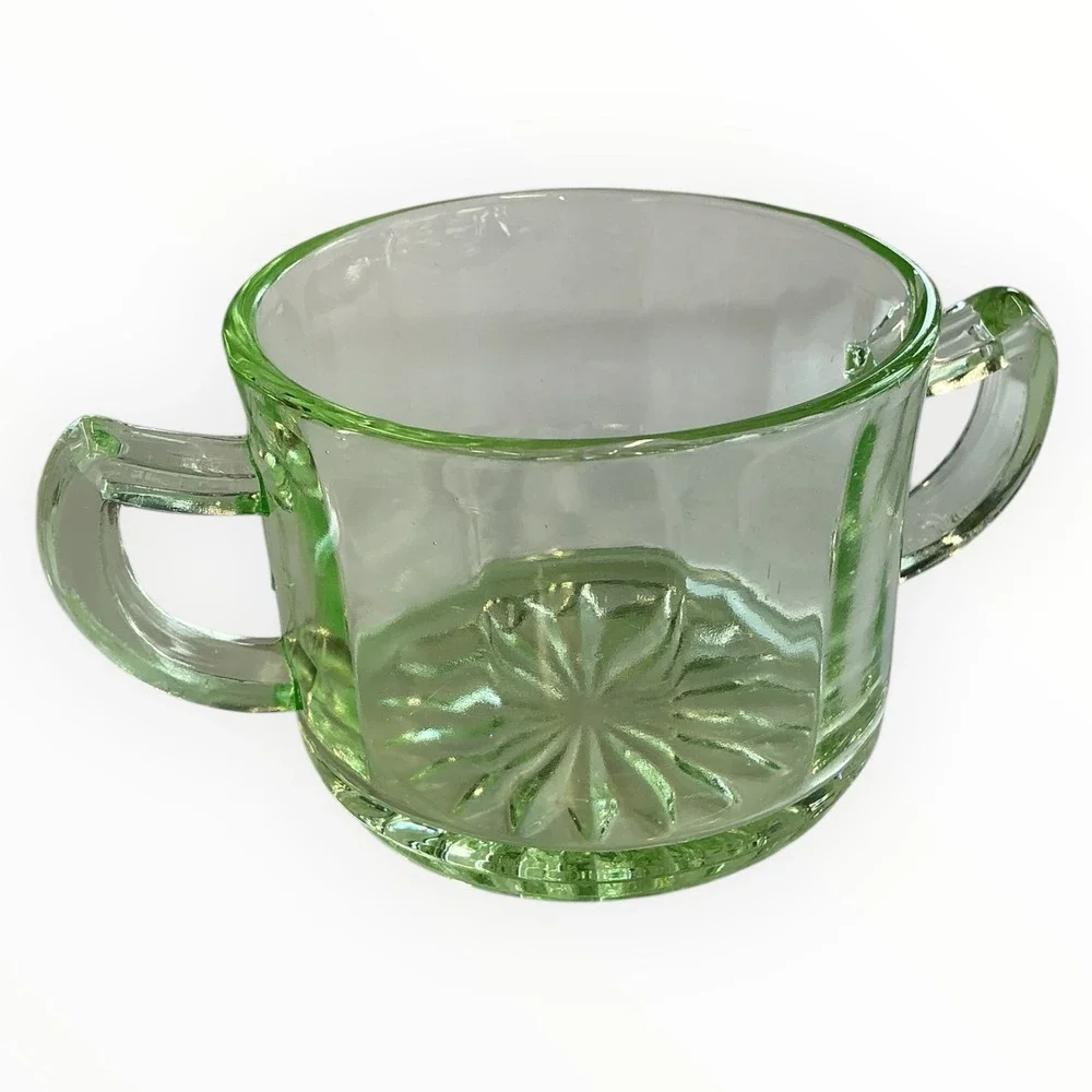 Vaseline Uranium Glass‎ Sugar Bowl Depression Era Green Glow Double Handle